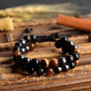 Natural 4mm Tiger's Eye Obsidian Hematite Stone Braided Bracelet for Protection